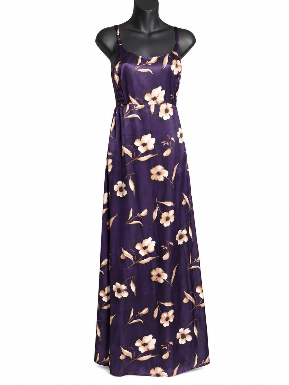 Lisa Jo dark purple satin maxi dress featuring an elegant beige floral pattern
